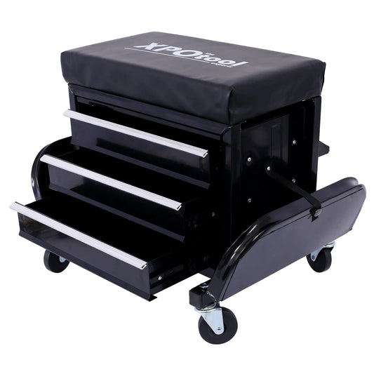350-Pound Capacity Garage Glider Rolling Tool Chest SeatMechanics Roller Seat with 3 Drawers, Rolling Tool Chest Garage Chair, Toolbox on Wheels Mechanics Seat