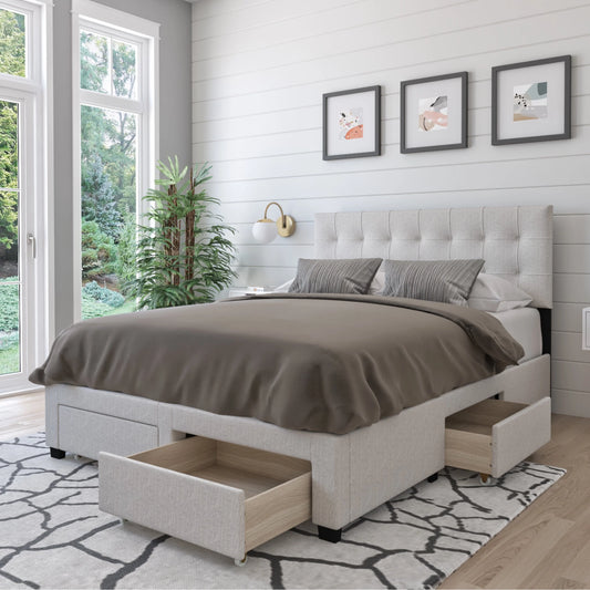 DG Casa Benjamin Upholstered Platform Bed Frame with Storage Drawers Square Tufted Headboard and Full Wooden Slats, Box Spring Not Required - Queen Size in Grey Polyester Blend Fabric