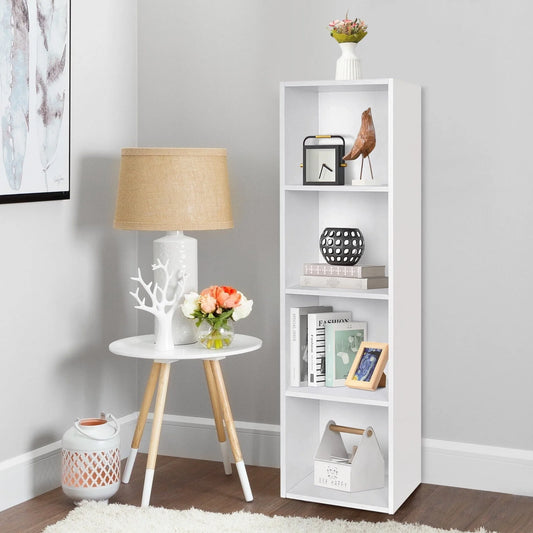 Wooden Bookcase, 4 Shelf Narrow Bookcase Stand Cube Storage Unit Bookshelf CD Display Shelving Unit combination, Pure White