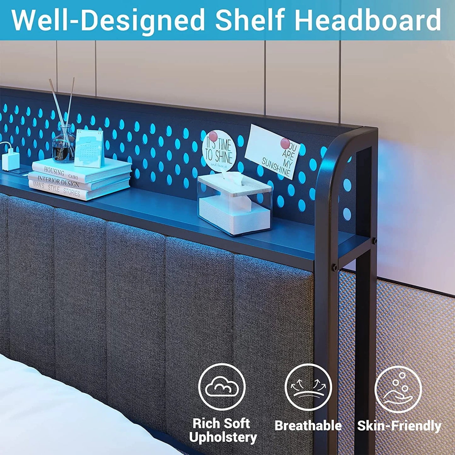 Tiptiper Queen Bed Frame with Storage Headboard, LED Bed Frame with Drawers, Upholstered Metal Platform Bed with USB Ports and Charging Outlets, No Squeak, Vertical Channel Tufting, Dark Gray