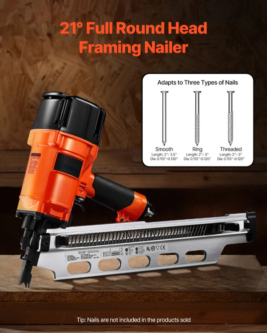 KFFKFF Nail Gun, 2" to 3-1/2" 21 Degree Full Round Head, Pneumatic with Dual Firing Options & No-Tool Depth Modification, 80-120PSI Professional Air Powered Tool for Floor, Deck & Frame Construction