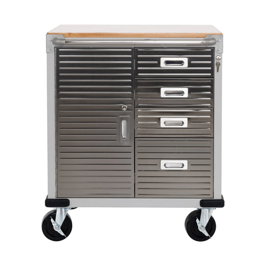 Seville Classics UltraHD® Heavy Duty Rolling Cabinet Workbench Table w/Solid Wood Top, Workstation for Garage, Office, Workshop, Granite, 1-Door, 4-Drawer (28" W x 25" D)