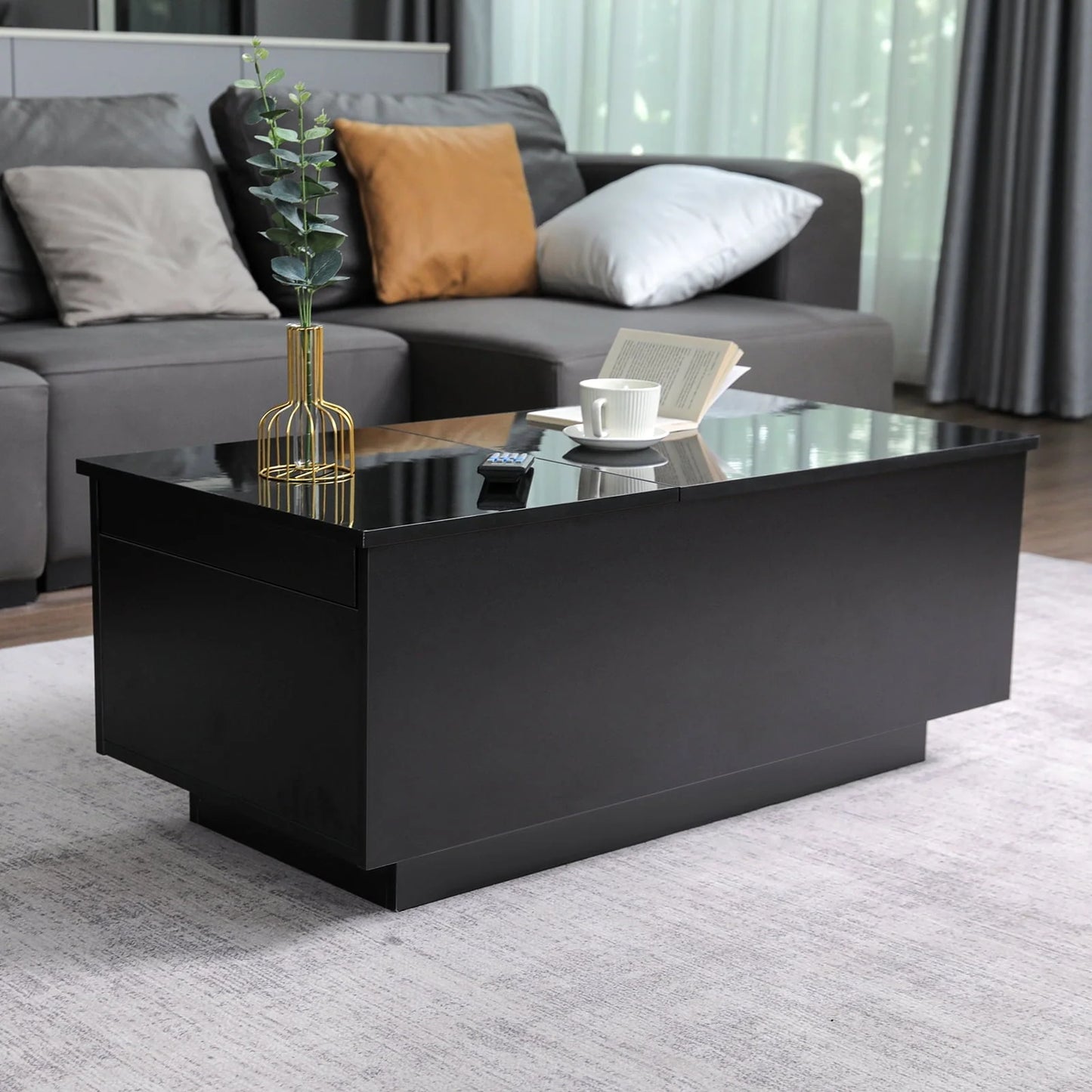 Hommpa LED Lift Top Coffee Table with Charging Station High Gloss Rectangle Center Tea Desk Black Hidden Storage Rising Dining Cocktail Tables Living Room