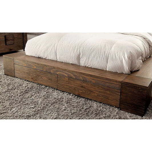 Queen Size Bed Rustic Natural Tone Finish Low Profile Bed w Storage Drawers FB Bedroom Furniture 1pc Bed Solid Wood
