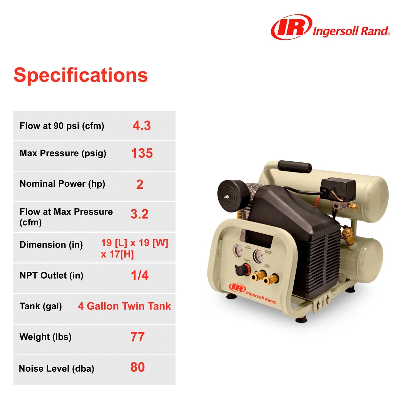 Ingersoll Rand Twin-Stack Portable Electric Air Compressor, 2 HP, 4-Gallon, 4.3 CFM, Model# P1IU-A9