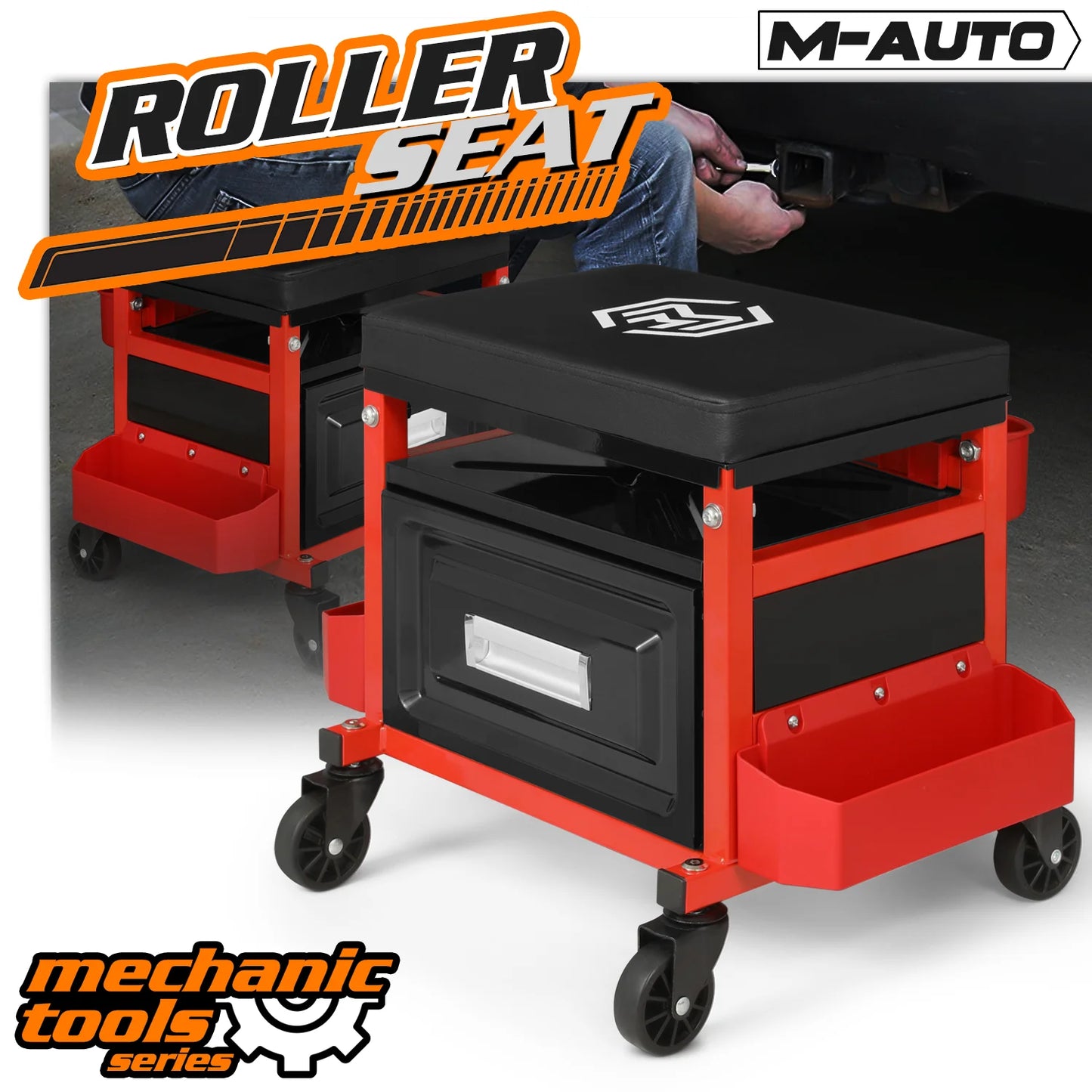 M-AUTO Adjustable Rectangular Roller Tool Box Padded Chair with Storage Tool Tray & Cabinet, 350 lbs Capacity with Casters - Red