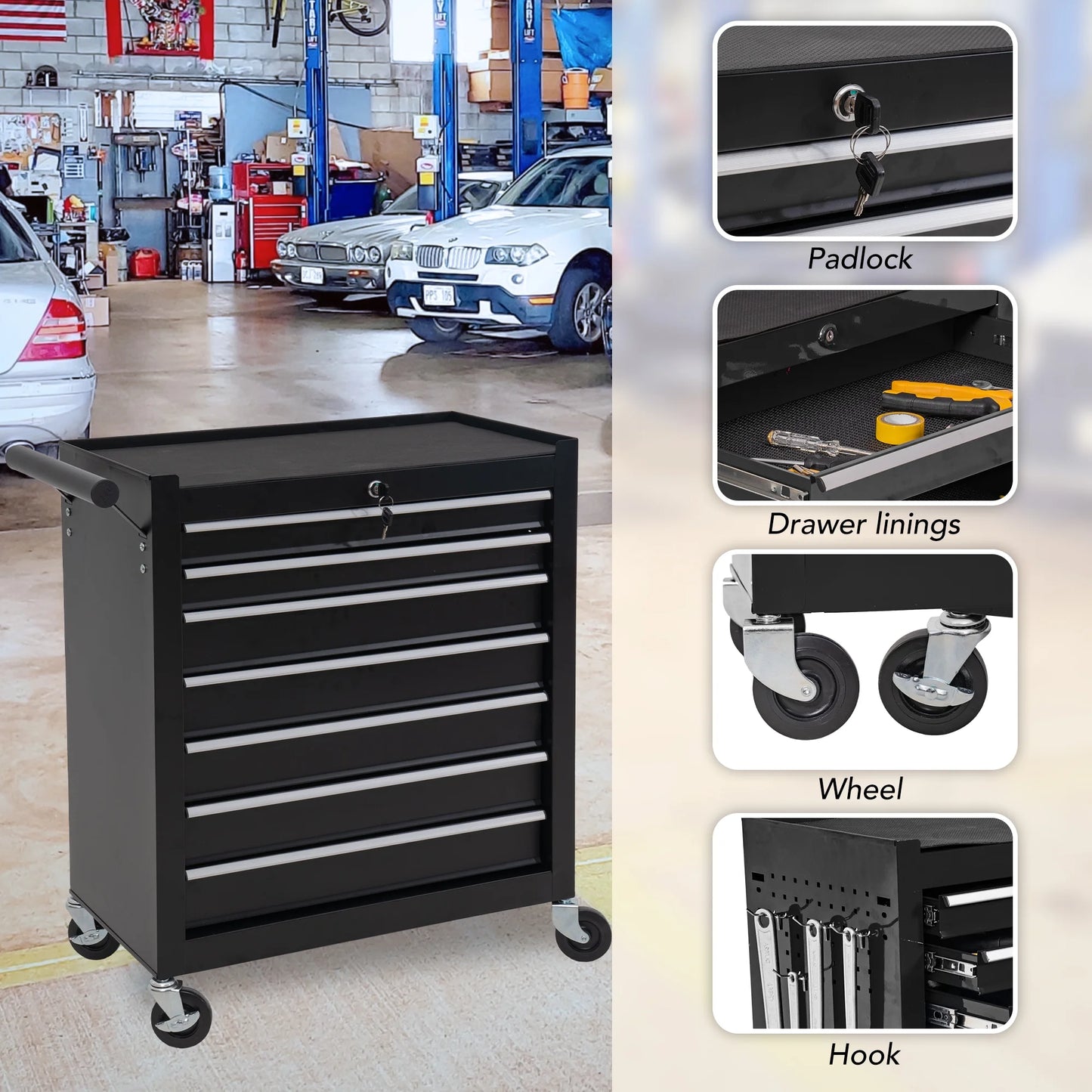 Tool Box, 7-Drawer Steel Rolling Tool Chest on Wheels for Workshop Garage, Orange