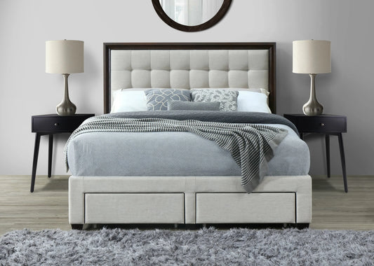 DG Casa Soloman Upholstered Panel Bed Frame with Storage Drawers and Wood Trim Tufted Headboard, King Size in Beige Linen Style Fabric...