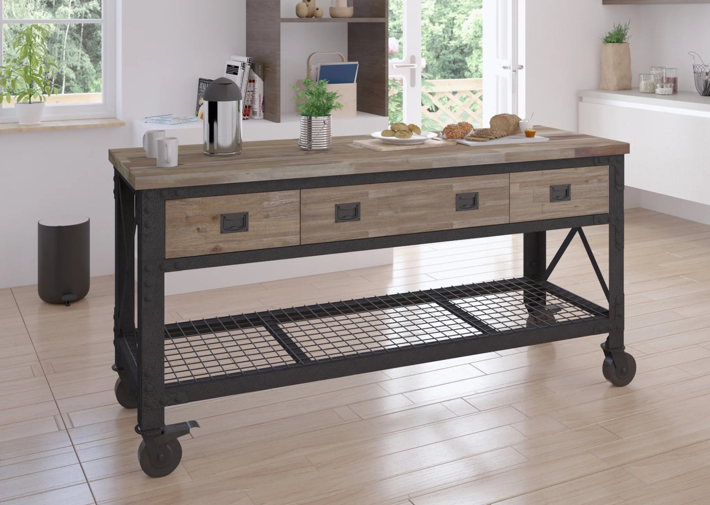 72 In x 24 In. 3 Drawer Rolling Industrial Workbench with Wood Top - Aged Macadamia