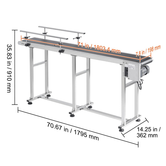 KFFKFF 71"x7.8" Belt Conveyor PVC Belt Conveyor Stainless Steel Double Guardrail