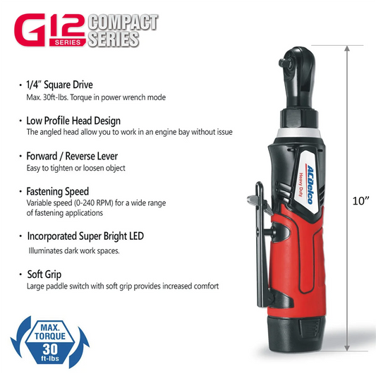 ACDelco G12 Series, 1/4 & 3/8 in Drive Size Cordless 2.0 Ah, 30 ft lb & 45 ft lb Electric Ratchet