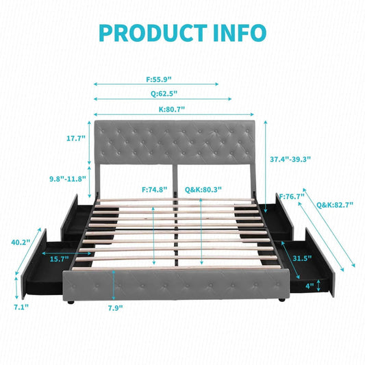 Cecer King Size Upholstered Platform Bed Frame with 4 Storage Drawers, PU Leather Modern Bed Frame with Adjustable Headboard, Easy Assembly Grey