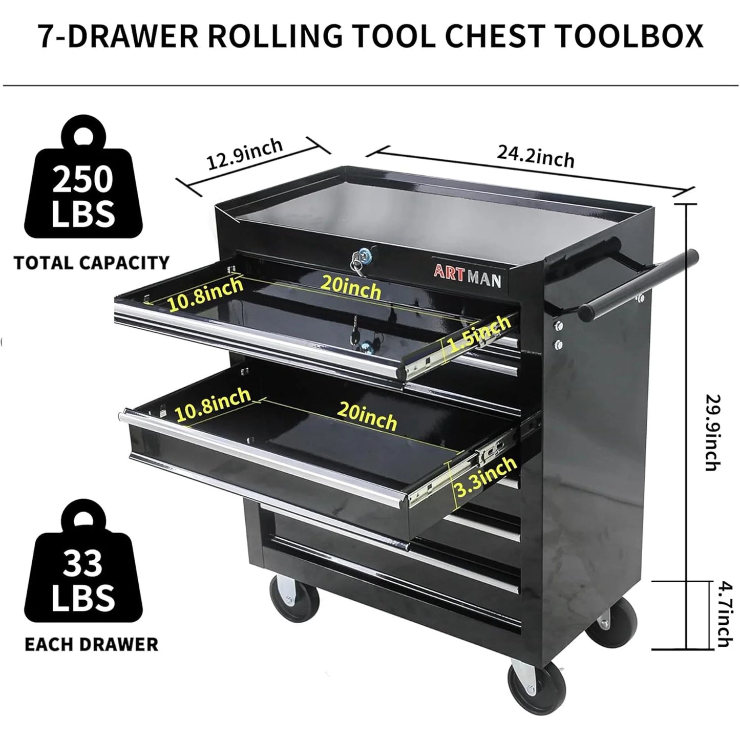 POVANLI 7-Drawer Rolling Tool Chest with Wheels Multifunctional Tool Chest Portable Tool Storage Cabinet with Locking System for Garage Workshop Warehouse Repair Shop