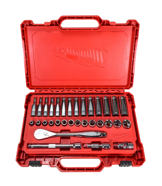 MILWAUKEE 32-Piece Metric 3/8 in. Drive Ratchet & Socket Set - Slim Profile, 90-Tooth, Deep & Standard Sockets (48-22-9508)