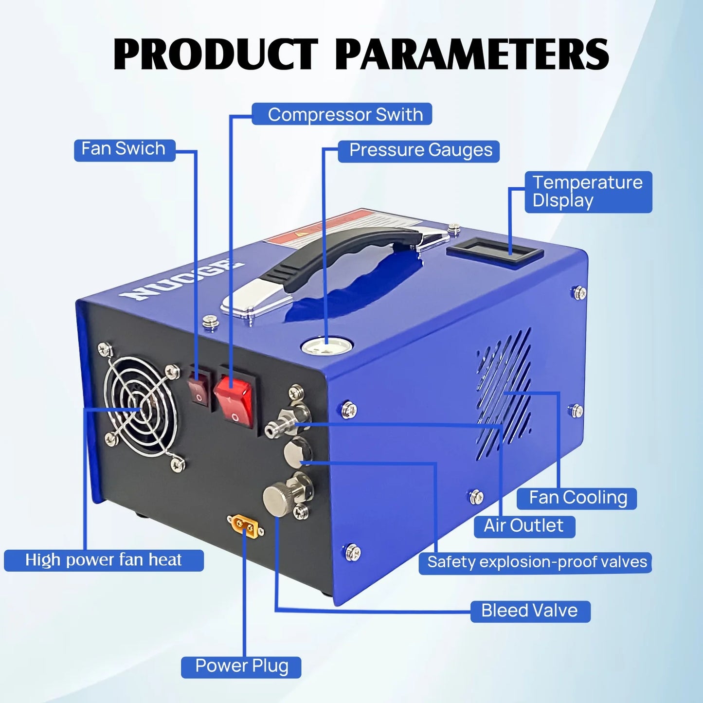 NUOGE Pcp Air Compressor Copper 12V DC or 110V/220V AC 4500Psi 0.3 Gal