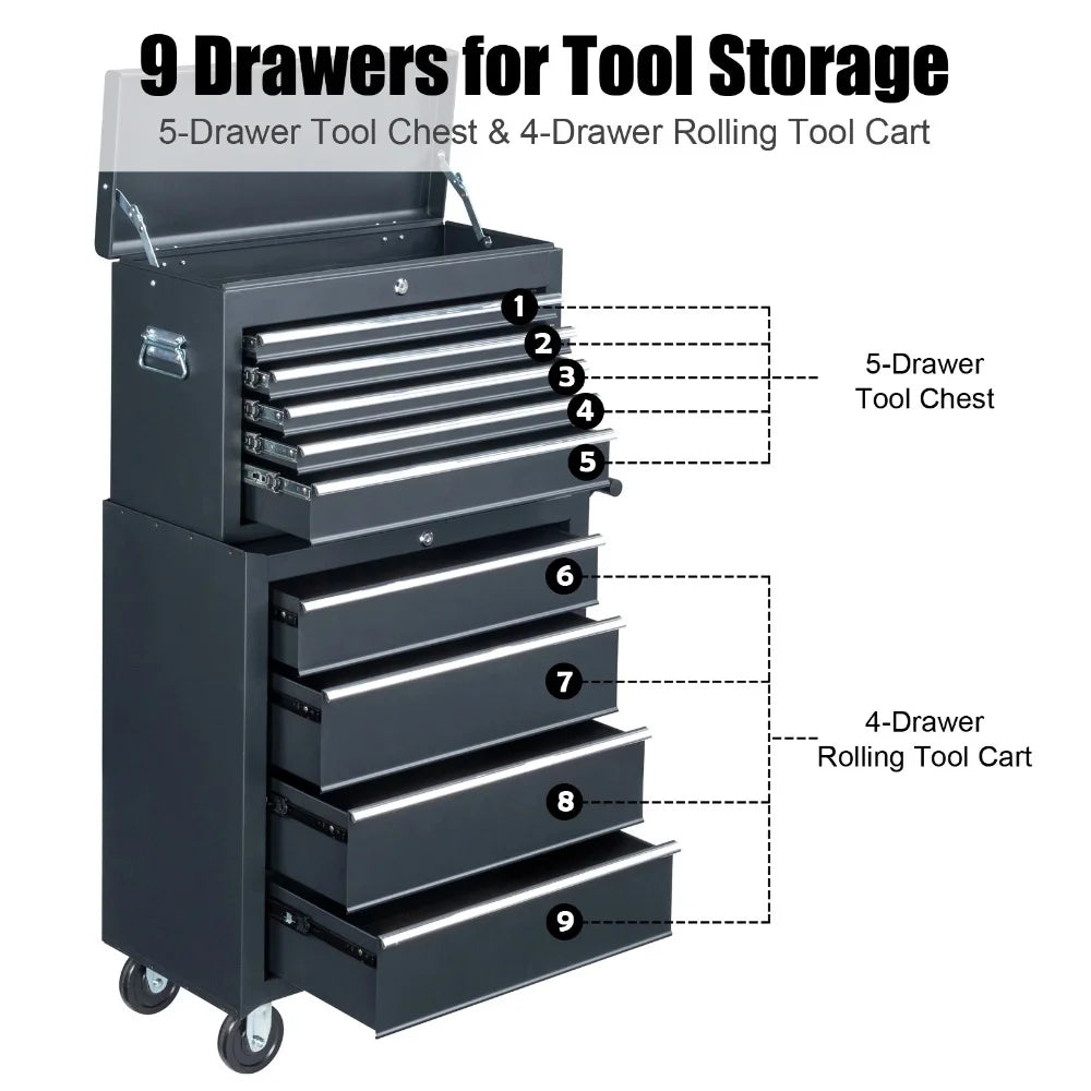 Tcbosik Combined Metal Tool Chest, 9 Drawers Rolling Tool Chest on Wheels, 2 in 1 Detachable Tool Cabinet for Warehouse Garage Workshop, Black