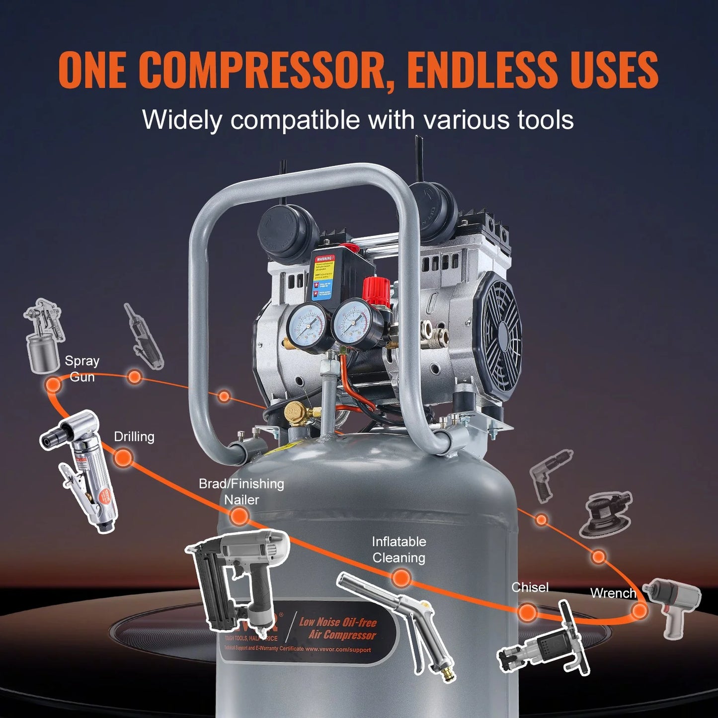 13-Gal 2HP Air Compressor - 4.6 SCFM Oil-Free | Ultra-Quiet for Tires