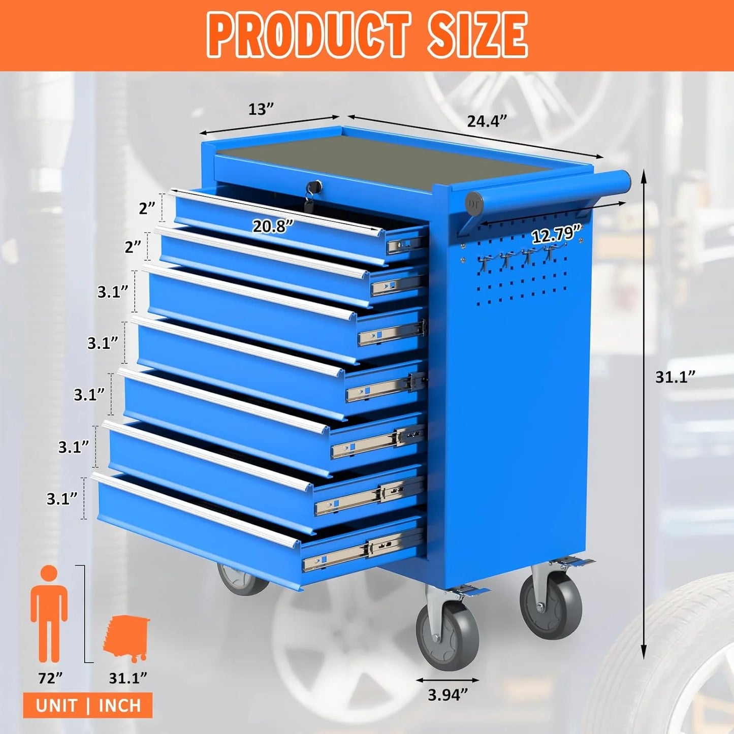 7 Drawers Large Capacity Rolling Tool Chest, Metal Tool Box with Wheels and Drawers, Tool Storage Cabinet with Keyed Locking, Tool Organizer Box for Garage, Workshop, Warehouse (Blue)