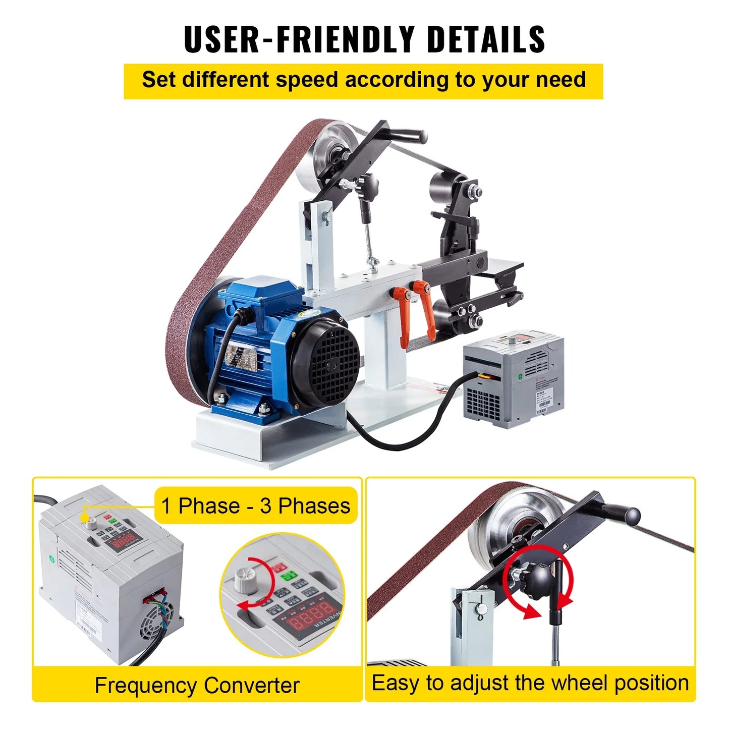 KFFKFF 1500W 2HP Metalworking Belt Sander Grinder, 2" x 82" Adjustable Speed, 3-in-1 Sander Polisher with 3 Grinding Moulds & Flat Platen Tool Rest, Ideal for Knife Crafting
