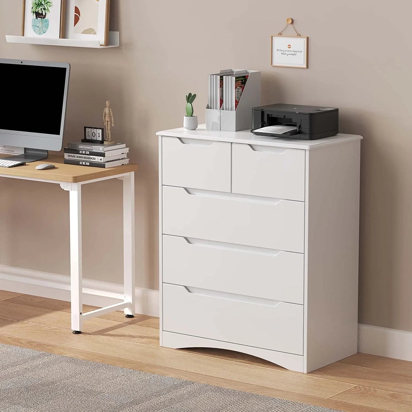Dresser for Bedroom, Lofka 5 Storage Drawer Chest and Organizer with Cutout Handles for Bedroom, White