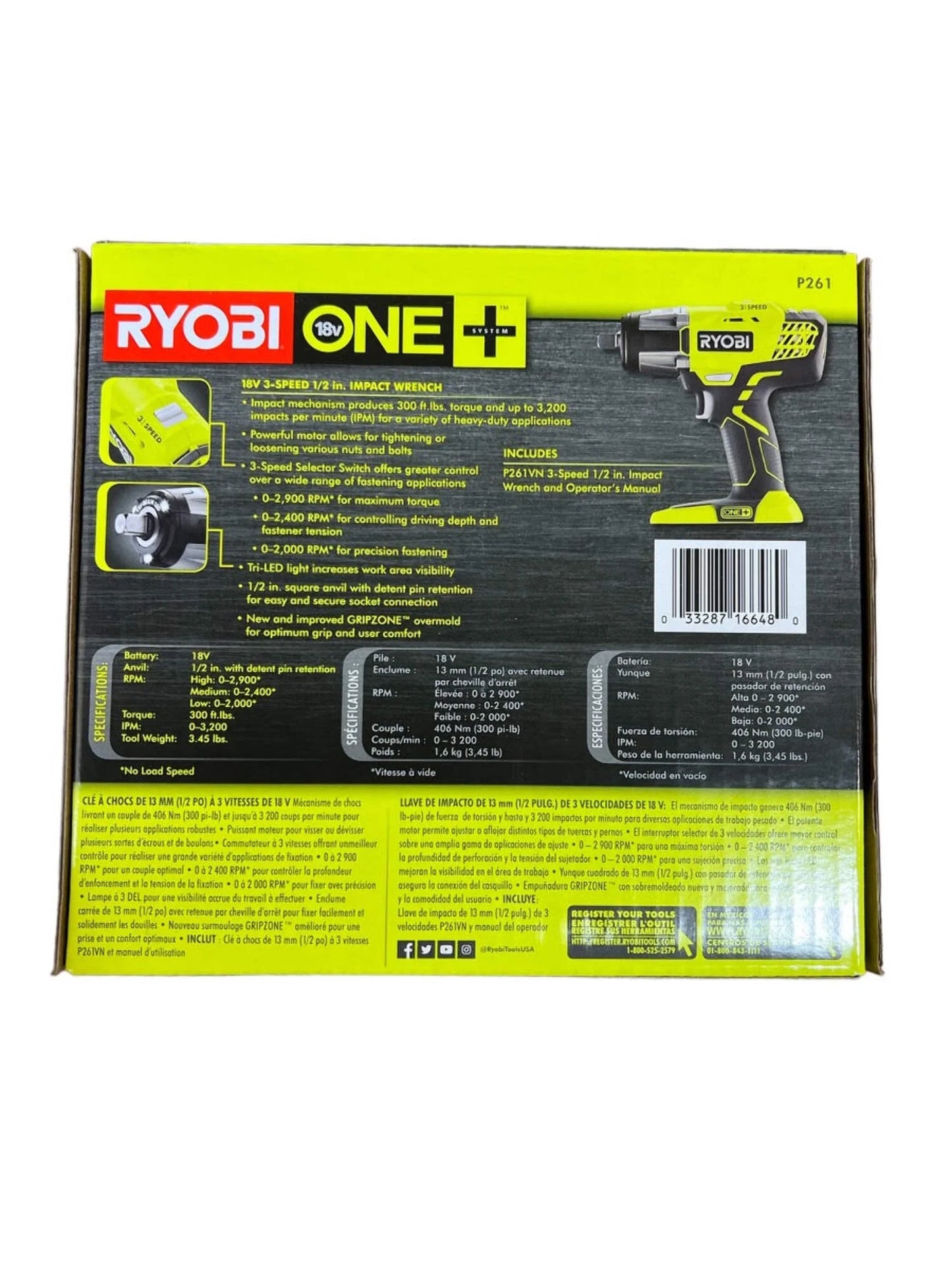 Ryobi 18-Volt ONE+ 1/2 in. Cordless 3-Speed Impact Wrench (Tool-Only) P261