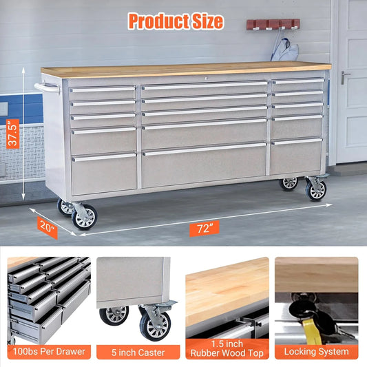 Kojooin 72-Inch Rolling Tool Cabinet, Large Rolling Tool Chest with 15-Drawer and Mobile Workbench, Heavy Duty Steel Storage Cabinet with Locking System for Warehouse, Garage, Basement