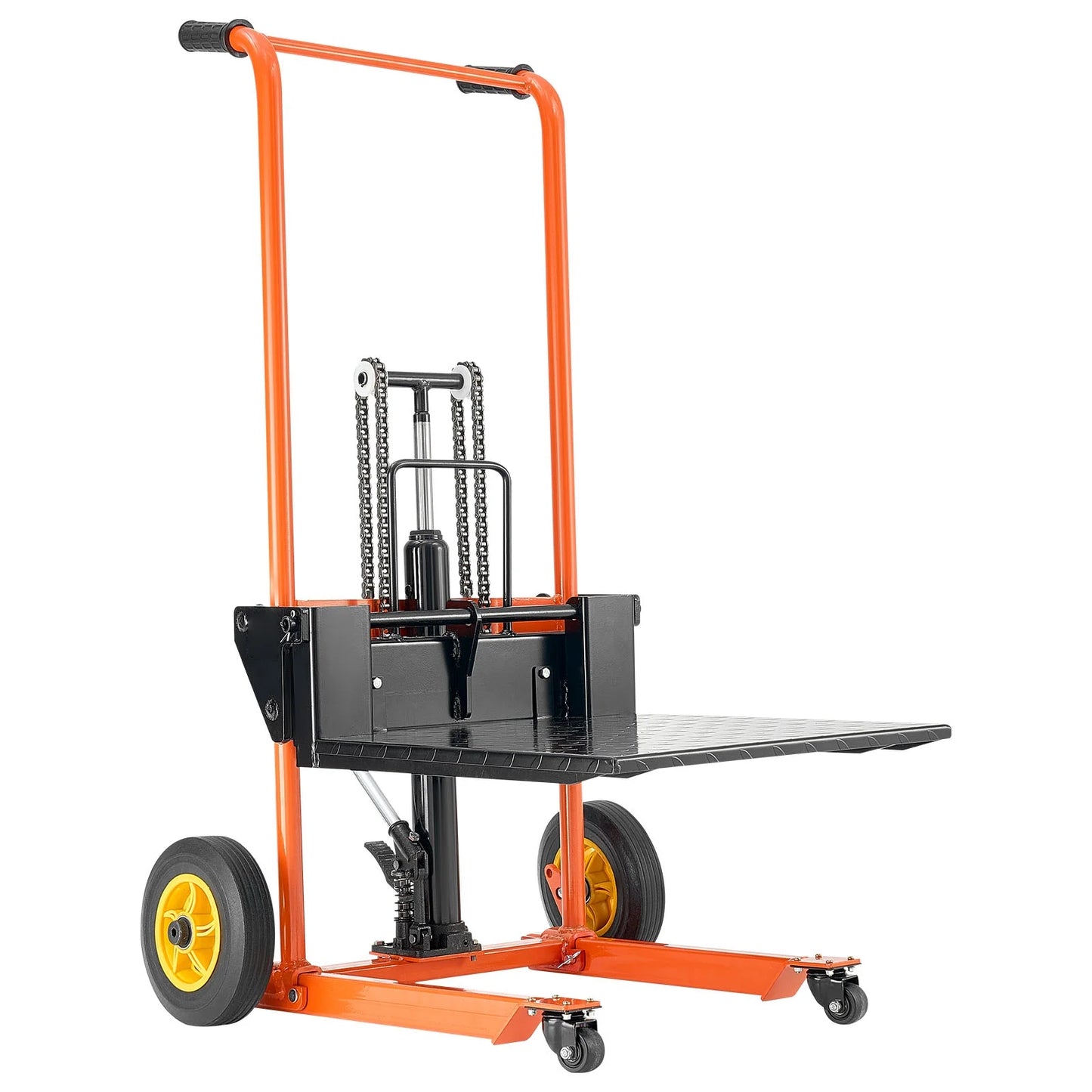 KFFKFF Hydraulic Material Lift Winch Stacker, 450 lbs Capacity, Pallet Truck with Fork Lift Table, 39.4-Inch Max Height, Foldable & Portable Pallet Jack Cart, Yellow & Black