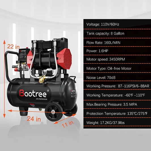 Datingday Ultra Quiet Air 8 Gallon 1.6HP Compressor with Two Quick Couplers & Wheels,Fast 60-Second Inflation & Auto Safety Features ,Max 115 PSI Oil-Free Air Compressor Tank for Home/Commercial Use