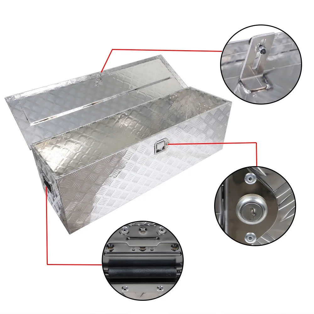 Genrics 49 Inch Trailer Tongue Tool Box Chest Box Diamond Tread Aluminum Heavy Duty Truck Pick Up Underbody Storage Organizer Handling Tools Weather Resistant w/Lock Sliver