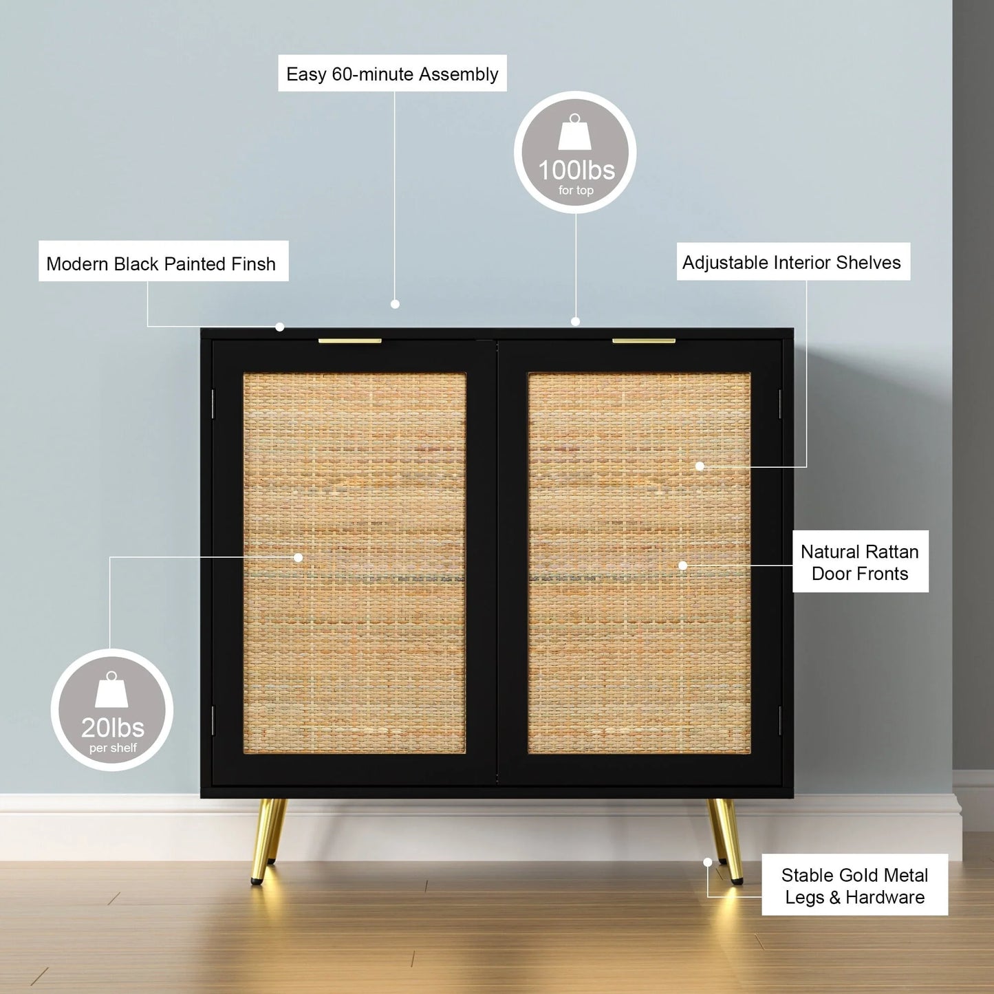 Anmytek Natural Rattan Black Buffet Sideboard Storage Cabinet with 2 Doors