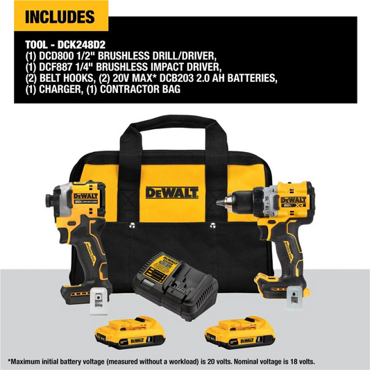DEWALT 20V MAX Brushless Cordless Drill & Impact Driver Combo Kit with 2 Batteries & Charger - DCK248D2