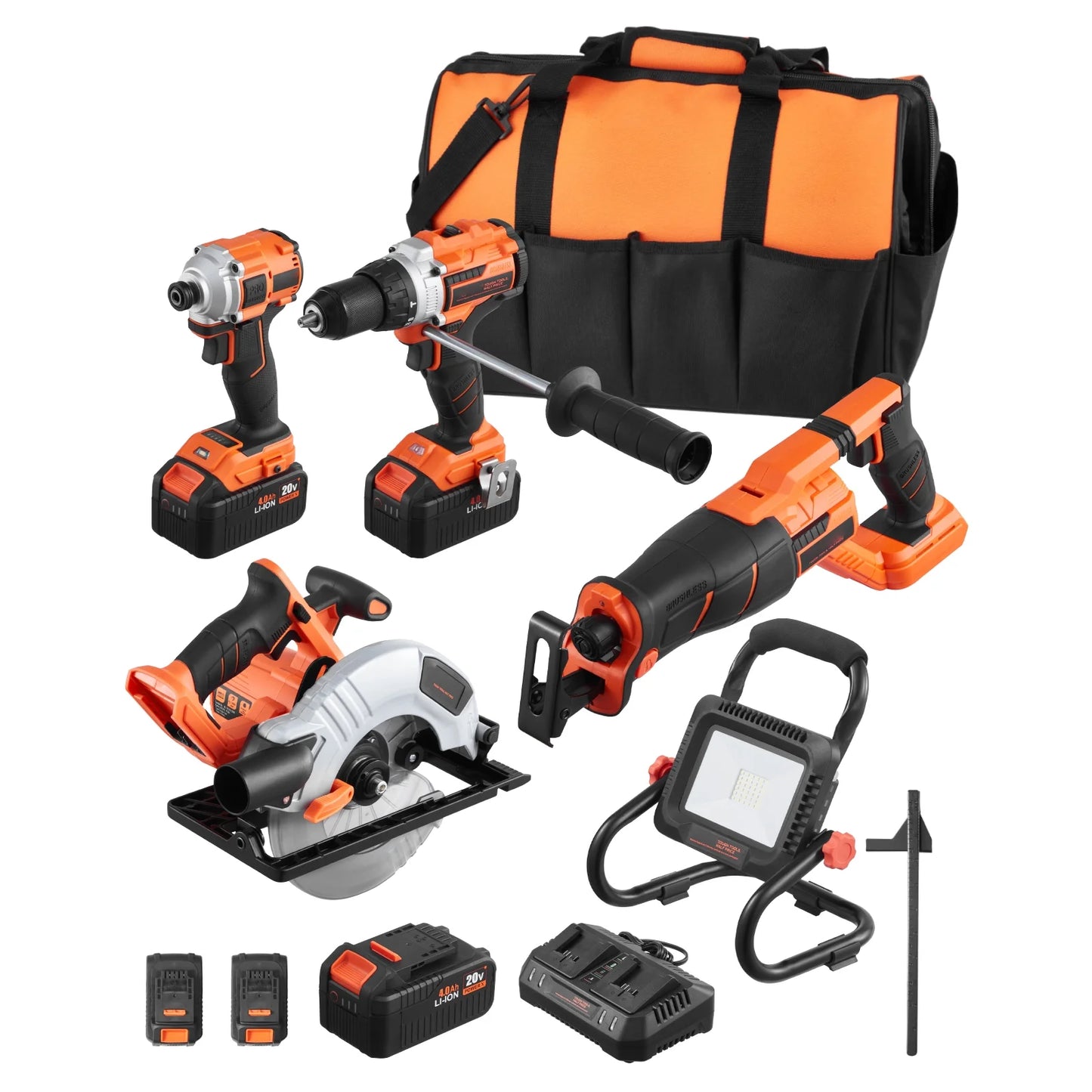 KFFKFF Equipment Set, 20V Brushless 5-Piece Set, Wireless Power Equipment Set, Wireless Drill and Impact Driver, inclusive of 4.0 Ah Batteries, Charging Device, Reciprocal Saw, Round Saw