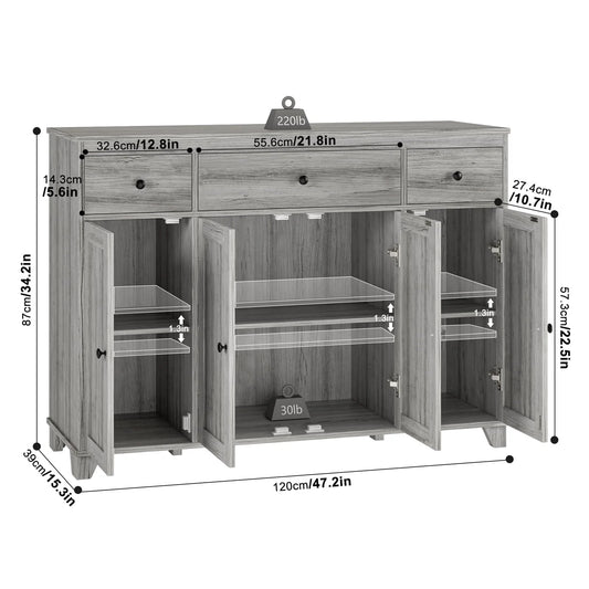 Homfa Buffet Sideboard, Wooden Storage Cabinet with Drawers & Doors, Wide Buffet Cabinet for Dining Room, Gray