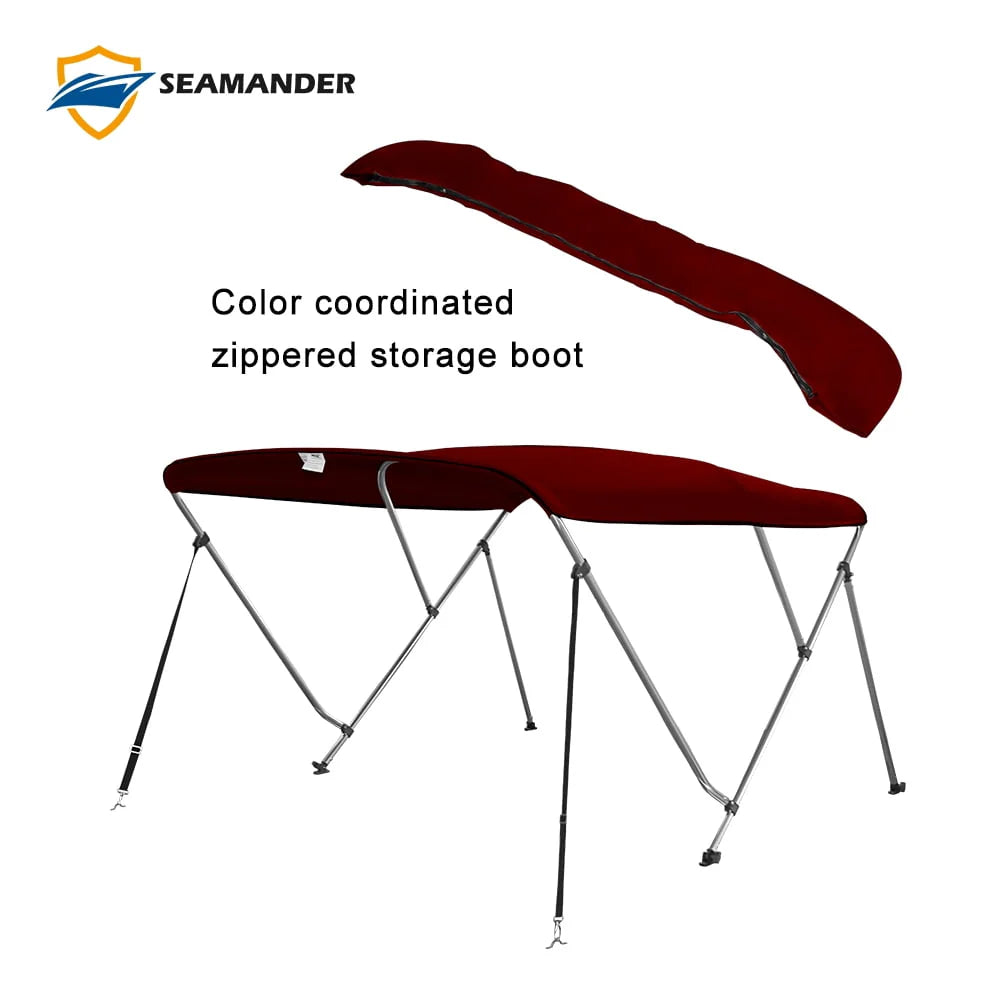 Seamander 3 Bow Bimini Top Boat Cover with Rear Support Pole and Storage Boot, Burgundy