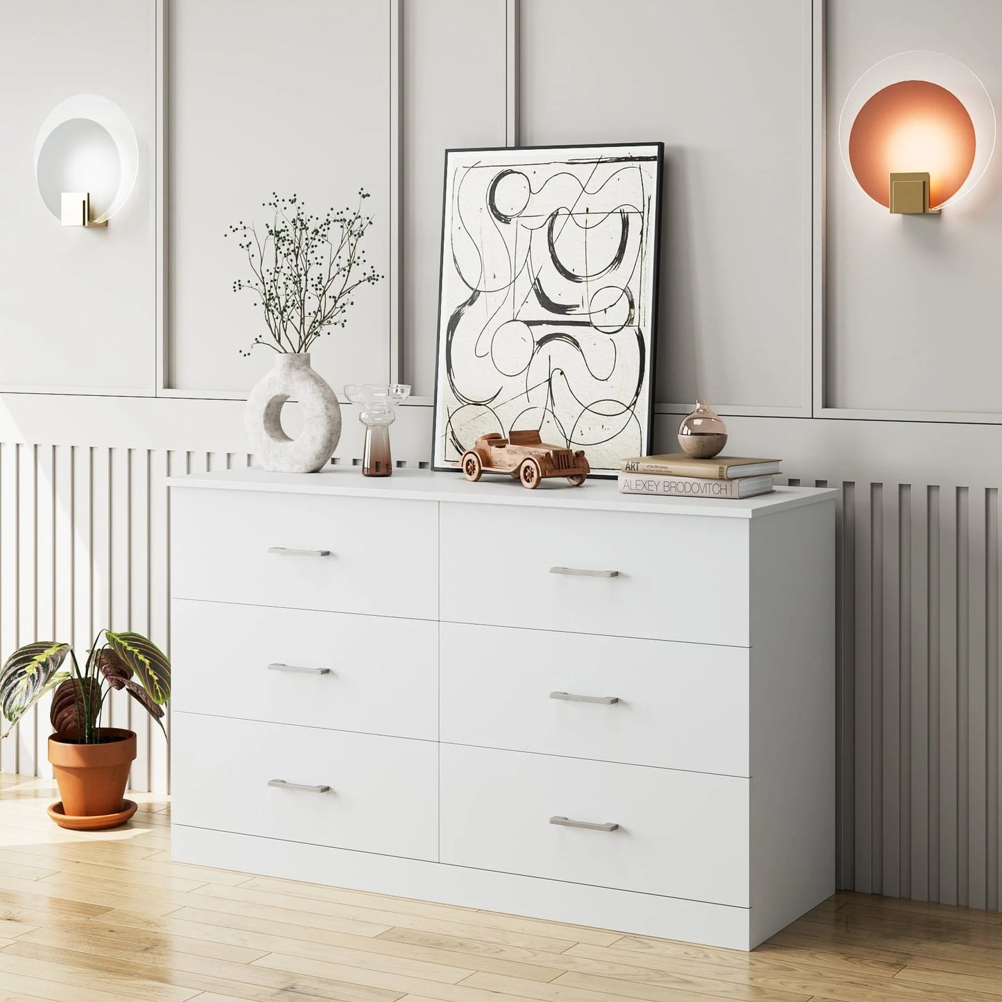 Homfa 6 Drawer White Double Dresser, Wood Storage Cabinet with Easy Pull Out Handles for Living Room, Chest of Drawers for Bedroom