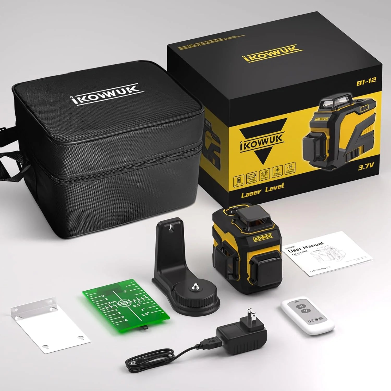 Laser Level, IKOVWUK 3x360? Cross Line Laser for Construction and Picture Hanging, 12 Green Lasers with Self-leveling, 65 ft Vertical & Horizontal Line, Level Tool with 5200 mAh Rechargeable Battery