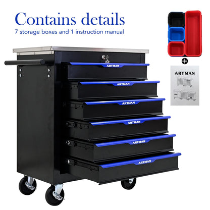Tool Chest, 6-Drawer Rolling Tool Storage Cabinet with Wheels, Detachable Lockable Tool Box, Metal Tool Cart for Garage Workshop, Black Blue