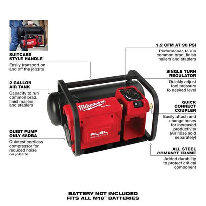 Pack of 1, Milwaukee 2840-20 M18 Fuel 2 Gallon Compact Quiet Compressor