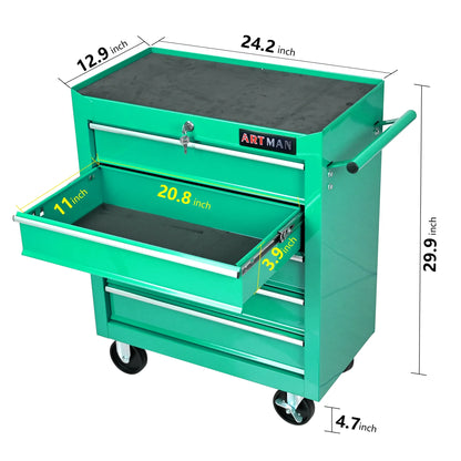 Lisonu 5-Drawer Rolling Tool Chest, Mobile Tool Storage Cabinet with Locking System & Wheels, Heavy-Duty Steel Organizer for Garage and Workshop, Green
