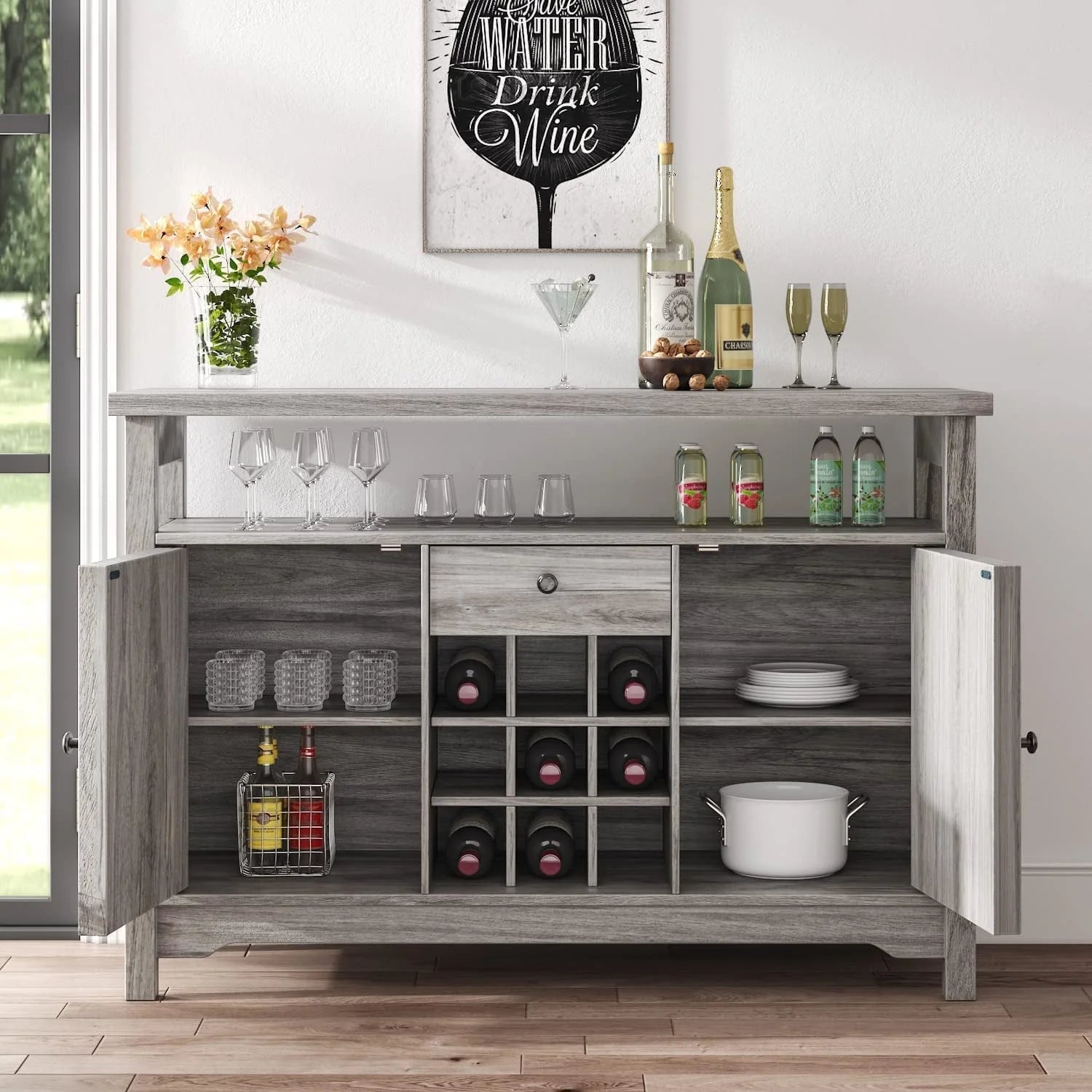 Catrimown Farmhouse Coffee Bar Cabinet, 47" Sideboard Buffet Cabinet with Barn Door, Buffet Storage Cabinet with Removable Wine Rack, Farmhouse Gray