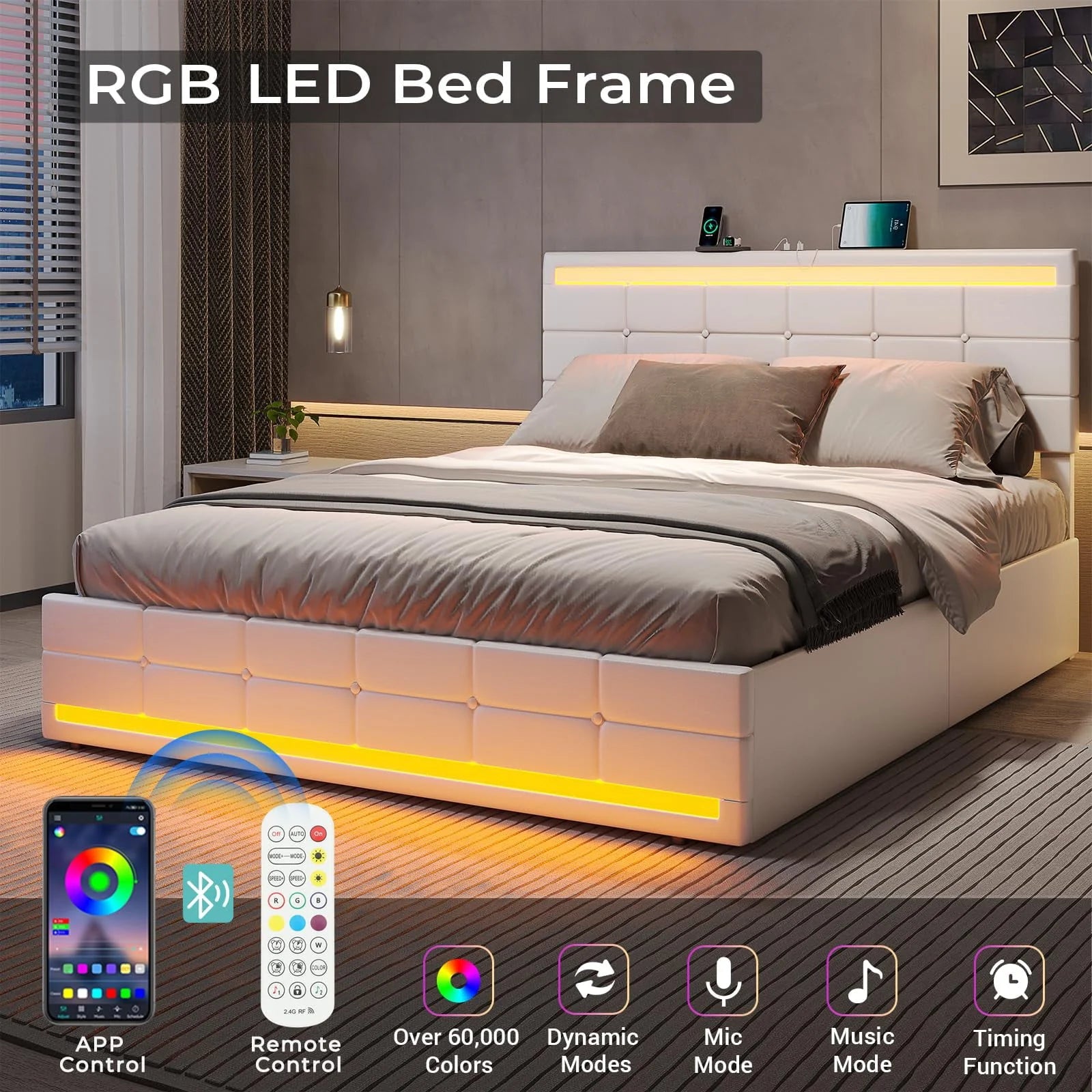 Queen Platform Bed Frame with 4 Drawers Storage and Headboard, Pu Leather Upholstered LED Bed Frame with 2 USB Charging Station & Wood Slat Support,White