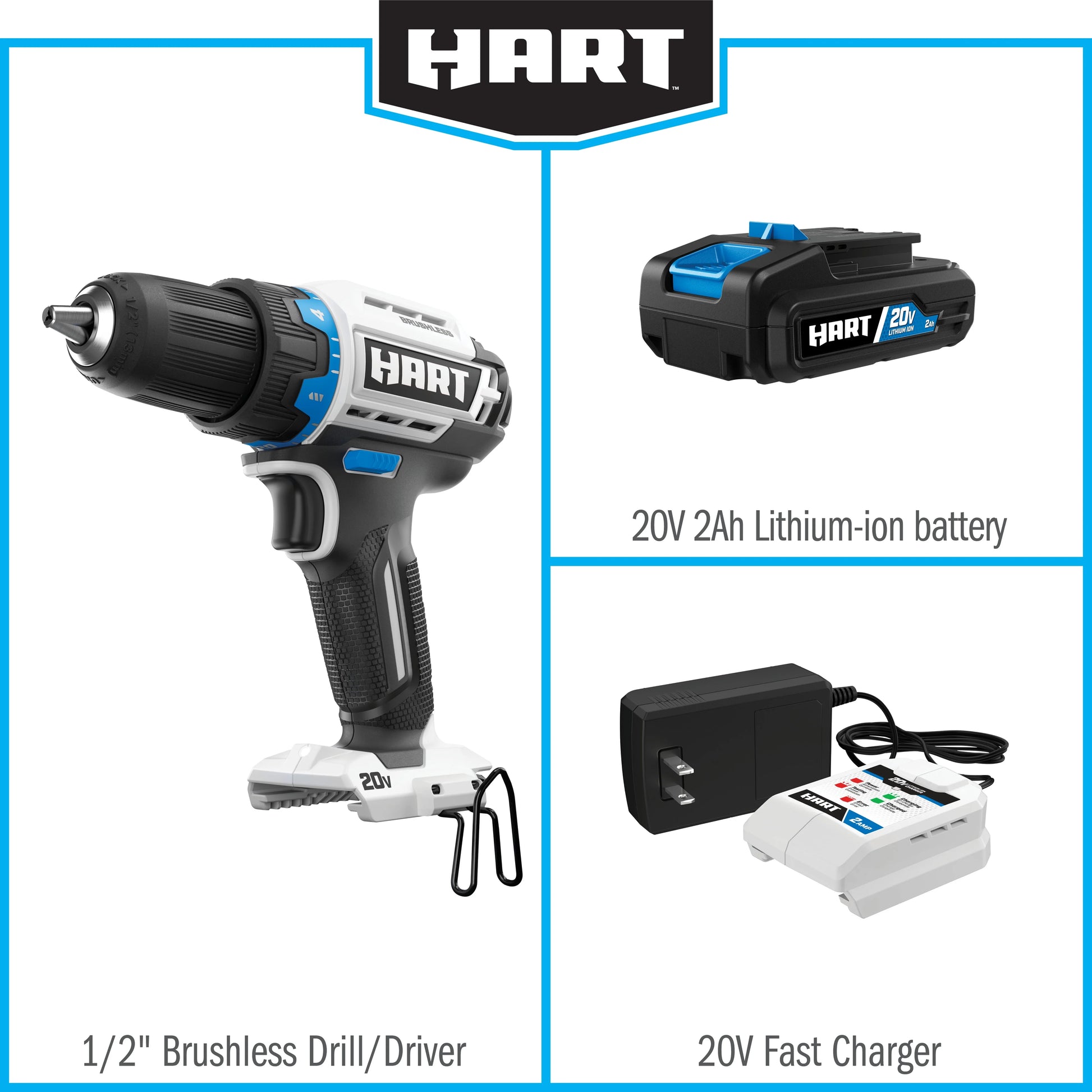 HART 20-Volt Cordless Brushless 1/2-inch Drill/Driver Kit and 10-inch Storage Bag (1) 2Ah Lithium-Ion Battery