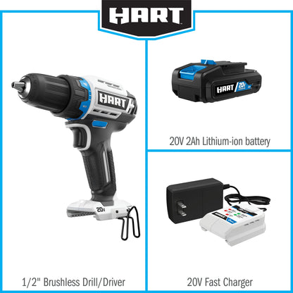 HART 20-Volt Cordless Brushless 1/2-inch Drill/Driver Kit and 10-inch Storage Bag (1) 2Ah Lithium-Ion Battery