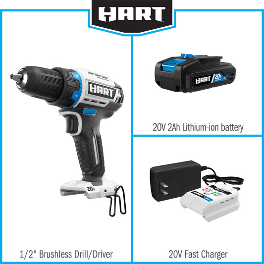 HART 20-Volt Cordless Brushless 1/2-inch Drill/Driver Kit and 10-inch Storage Bag (1) 2Ah Lithium-Ion Battery