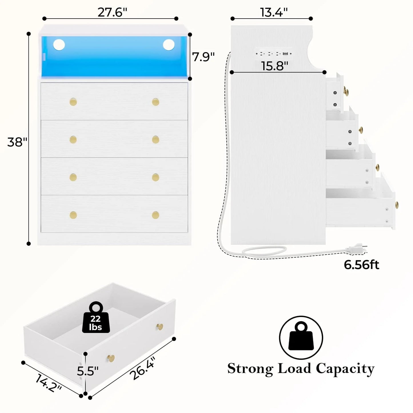 EPHEX 4 Drawers Dresser for Bedroom with Charging Station, Chest of Drawers with Open Space, Large Capacity Storage Cabinet, White