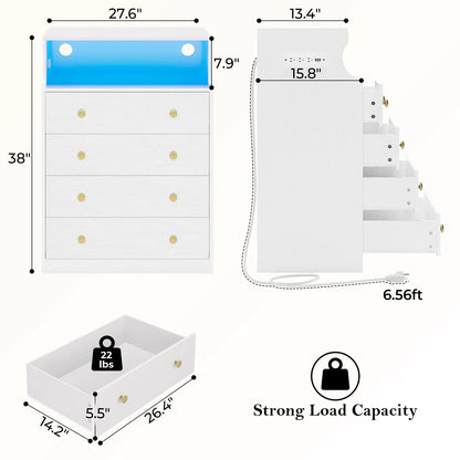 EPHEX 4 Drawers Dresser for Bedroom with Charging Station, Chest of Drawers with Open Space, Large Capacity Storage Cabinet, White