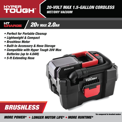 Hyper Tough 1.5 Gallon Wet Dry Vac, 20V Max, Brushless Motor, Cordless, Battery and Charger Included