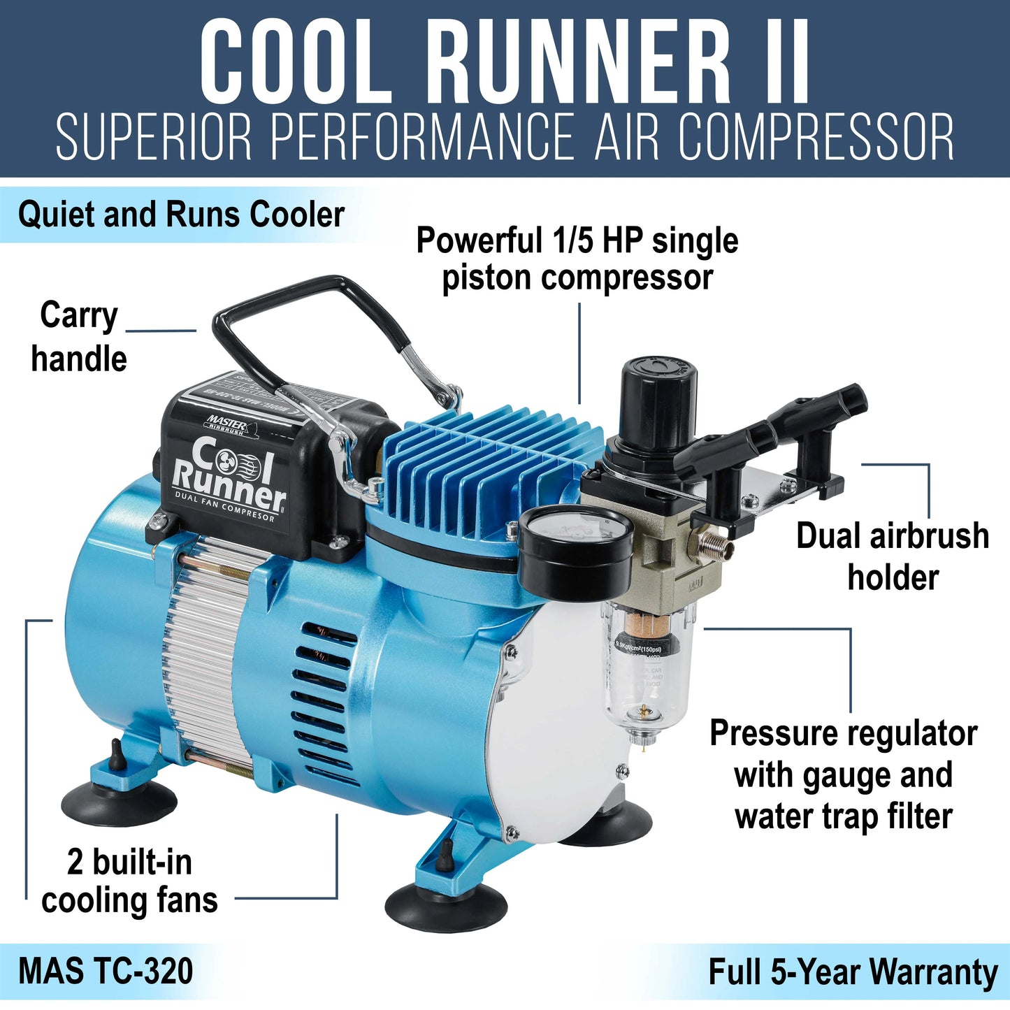 Master Airbrush Model TC-320 Cool Runner II Air Compressor (Superior performance single-piston compressor that runs cool