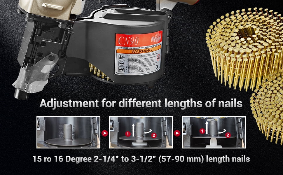 MEITE CN90 Industrial Coil Siding Nailer 15 Degree 2-1/4" to 3-1/2" Pneumatic Coil Nail Gun with Aluminum Housing