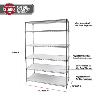 Hyper Tough 6-Tier Wire Storage Shelves with Liners, 48" W x 18" D x 72" H, 3600 lb Load Capacity, Chrome